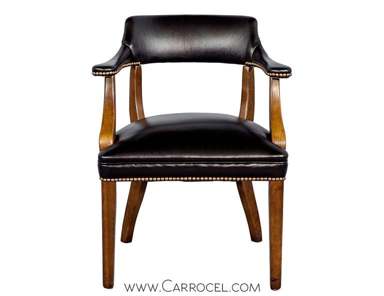 Pair of Banker's Library Chairs Restored in Black Leather In Excellent Condition In North York, ON