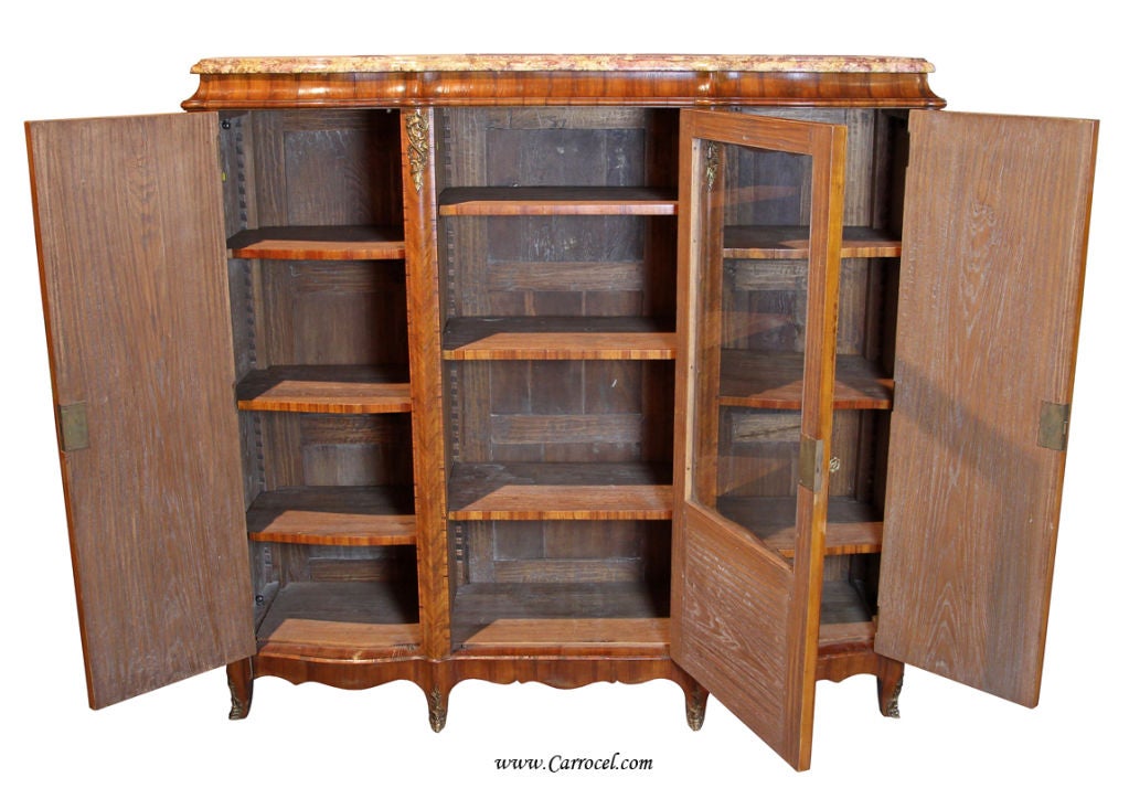 Antique Tulipwood Louis XV Marble Top Vitrine Curio Cabinets