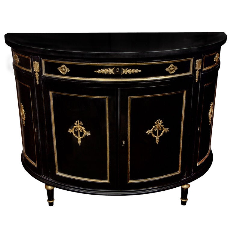 Antique Black Lacquered Gilded Demi Lune Commode Chest