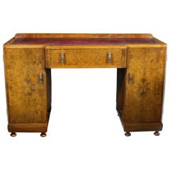 Antique Art Deco Burled Walnut Burgundy Leather Top Writing Desk