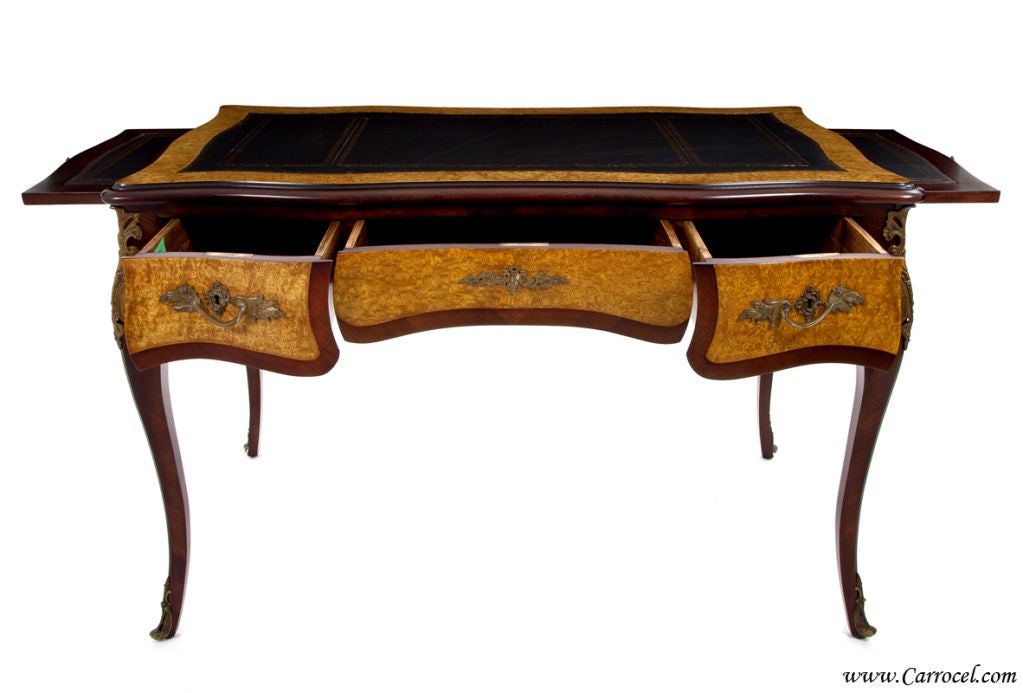 Antique Burled Walnut French Louis XV Leather Top Writing Desk