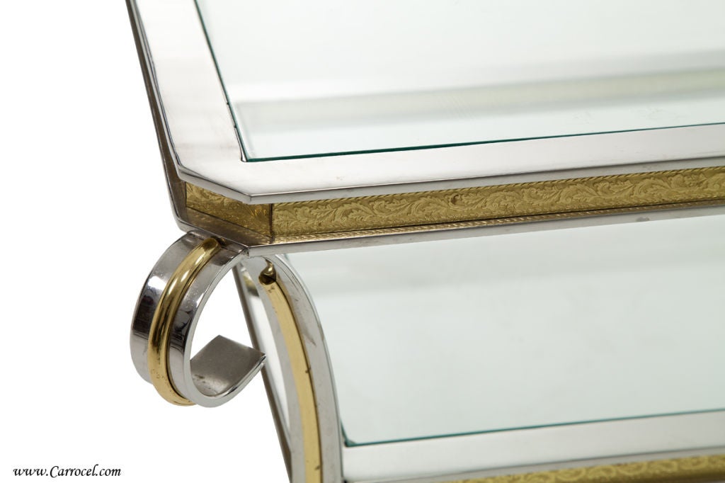 Two Tier Glass Top Chrome Cocktail Table with Brass Trim and Bal