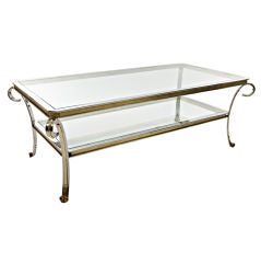 Two Tier Glass Top Chrome Cocktail Table with Brass Trim and Bal