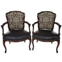 Pair of  Louis XV Antique Leather Living Room Accent Arm Chairs