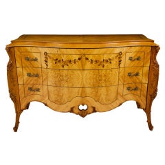 Burled Maple French Louis XV Commode Chest with Floral Inlay