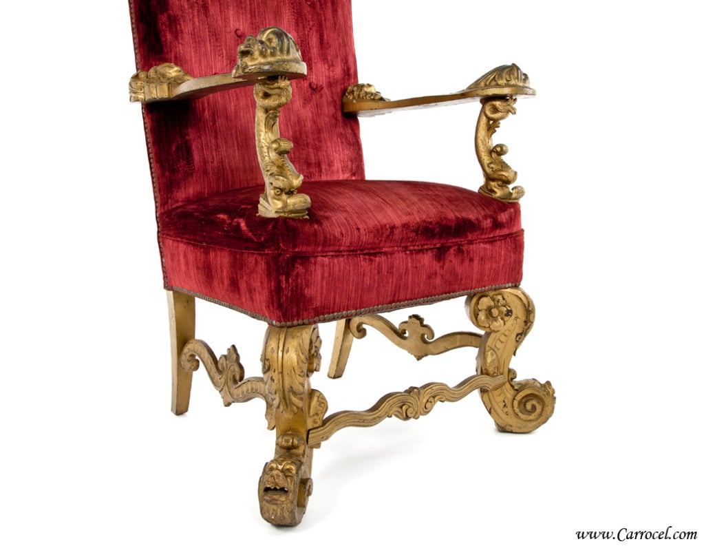 Antique Gilded Carved Gothic Throne Arm Accent Chair 1