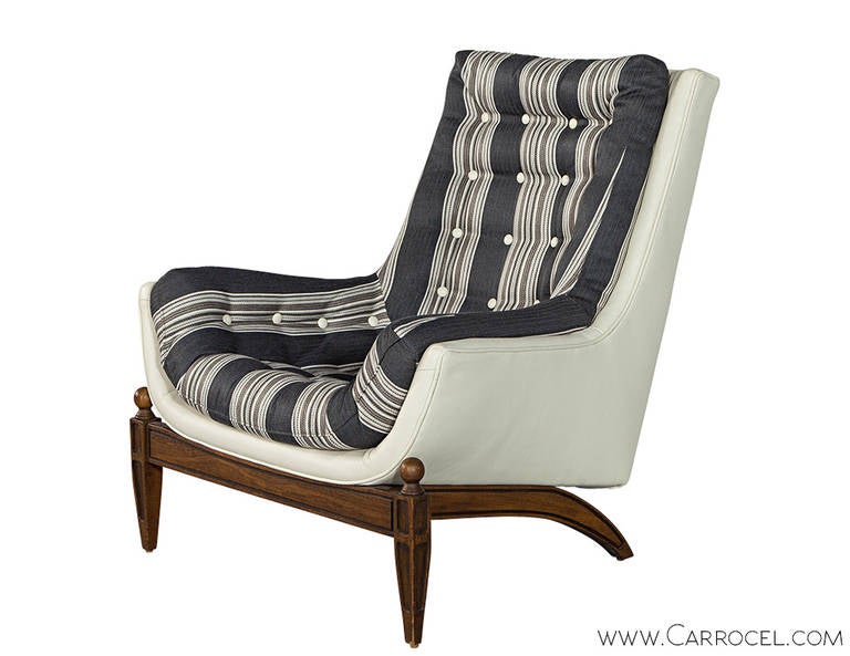Vintage Lounge Chair in Dove Grey Leather and Stripped Woven Fabric. Restored by Carrocel.