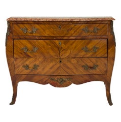 Antique Marble Top Inlaid Tulipwood Louis XV Chest Commode
