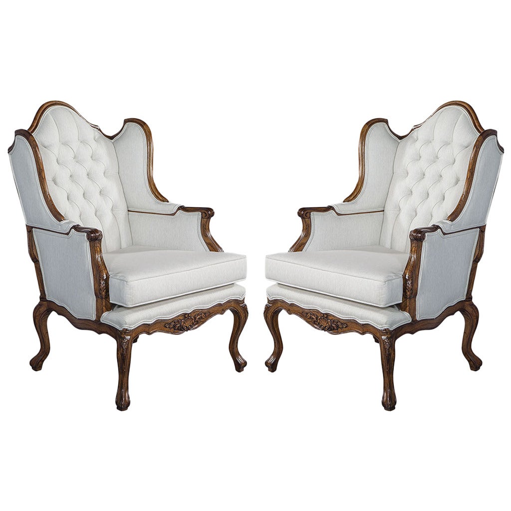 Pair Carrocel Revival Lous XV Wingback Chairs