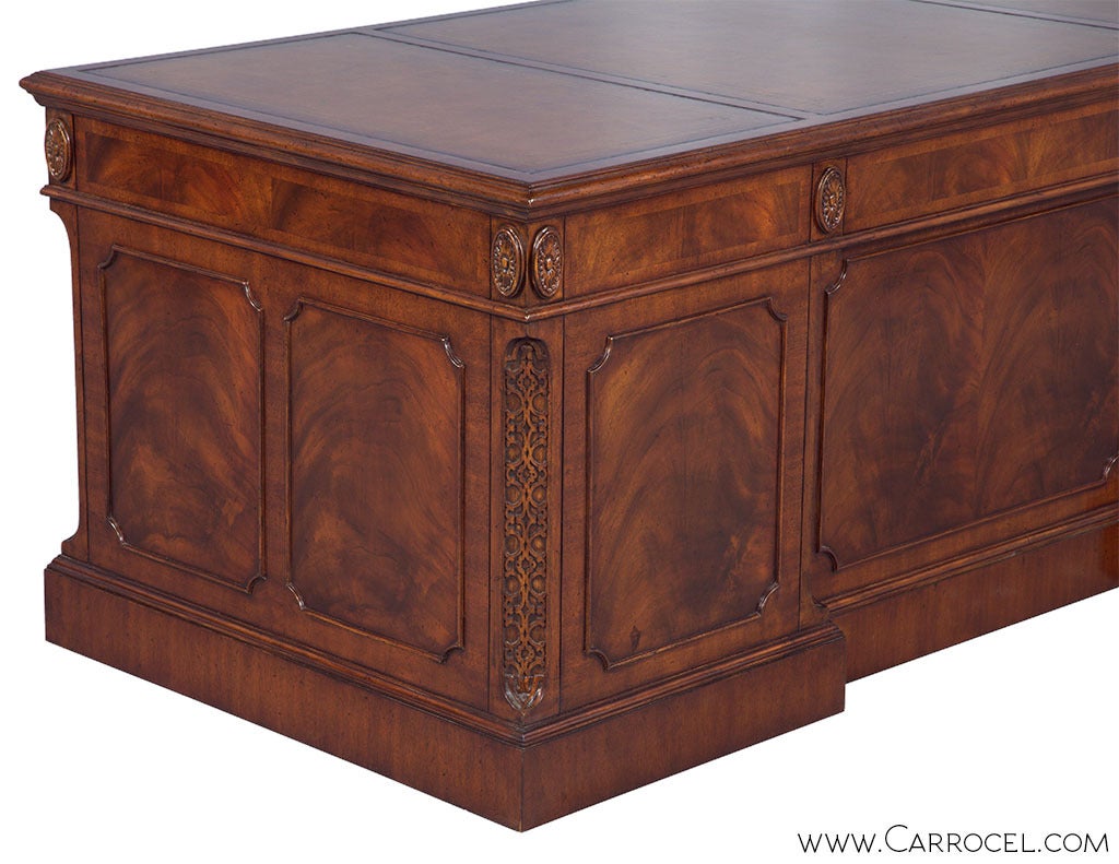 Brass Leather Inlaid Mahogany Executive’s Desk