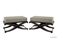 Pair of X Base Black Modern Upholstered  Silver Leaf Benches
