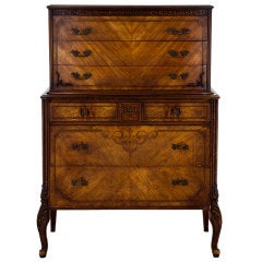 Satinwood Antique Louis XV Bookmatched Highboy Chest on Chest