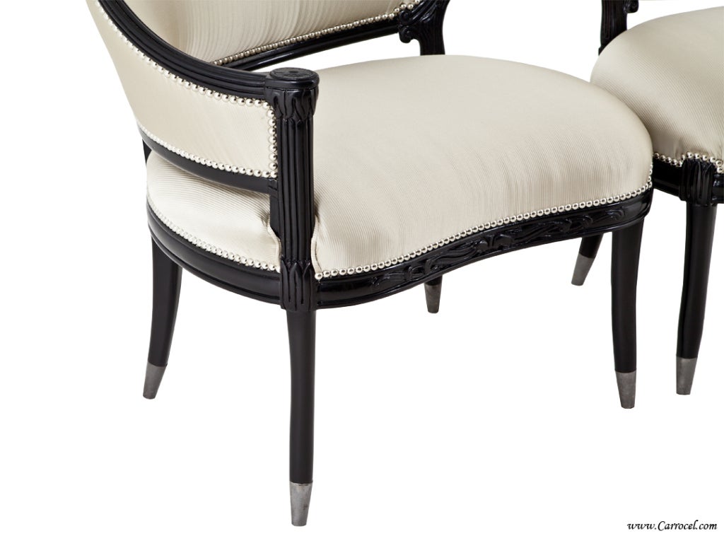 Pair of Antique Black Lacquer Hollywood Regency Accent Chairs 2