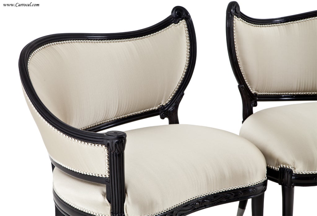 Pair of Antique Black Lacquer Hollywood Regency Accent Chairs 4