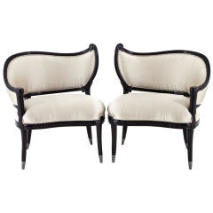 Pair of Antique Black Lacquer Hollywood Regency Accent Chairs