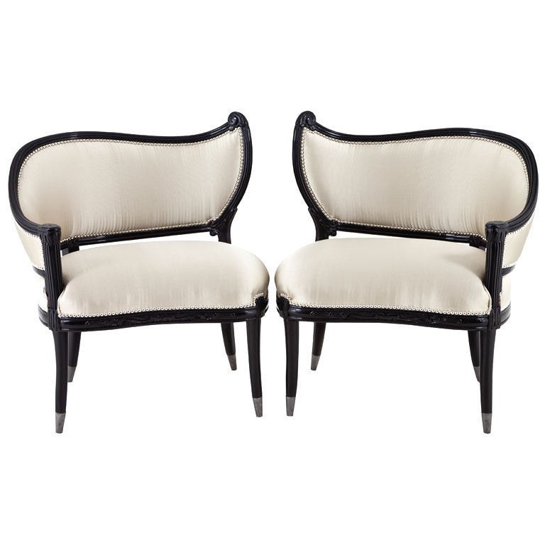 Pair of Antique Black Lacquer Hollywood Regency Accent Chairs