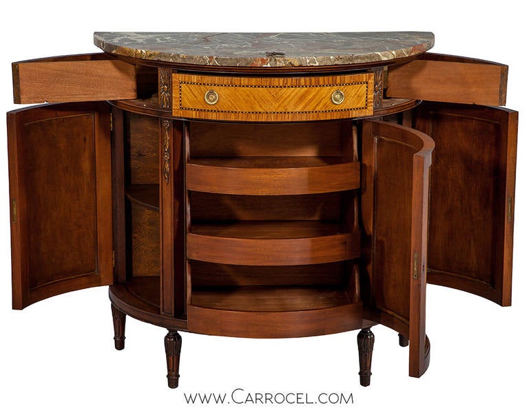 Hand-Carved French Marquetry, Demilune Marble-Top Console Table