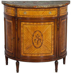 Hand-Carved French Marquetry, Demilune Marble-Top Console Table
