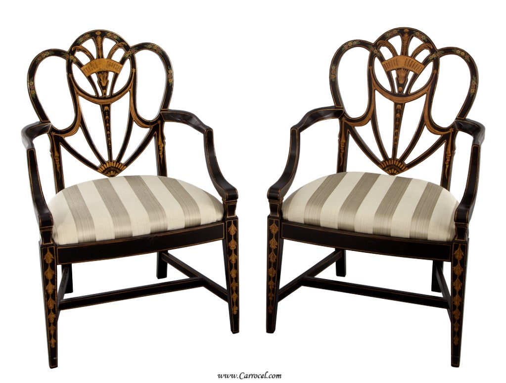 Pair  EJ VICTOR Hand-Painted Heartback Antique Black Arm Chairs