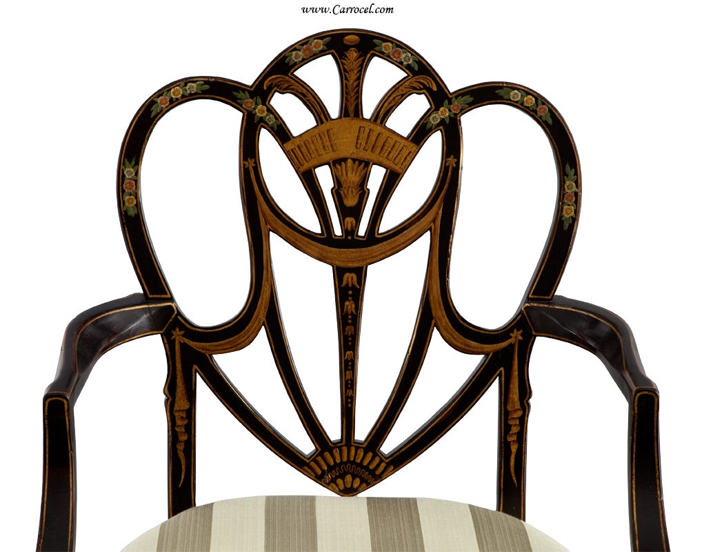 Pair  EJ VICTOR Hand-Painted Heartback Antique Black Arm Chairs 1