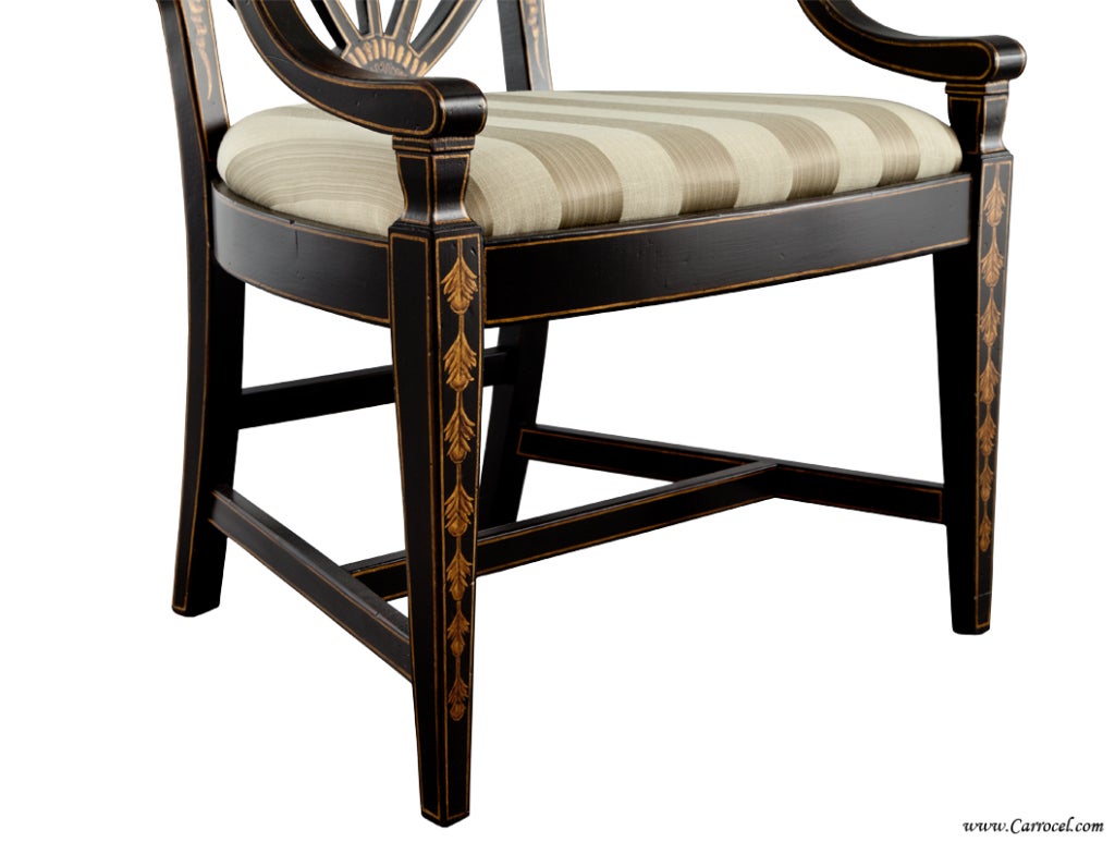Pair  EJ VICTOR Hand-Painted Heartback Antique Black Arm Chairs 4