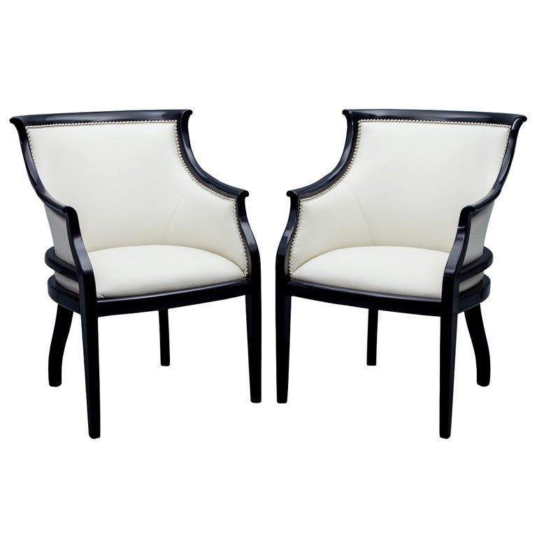 Pair of Antique Piano Black Lacquer Tub Accent Guest Chairs