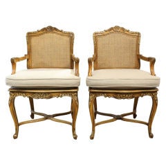 Antique French Walnut Carved Cane Back Arm Chairs