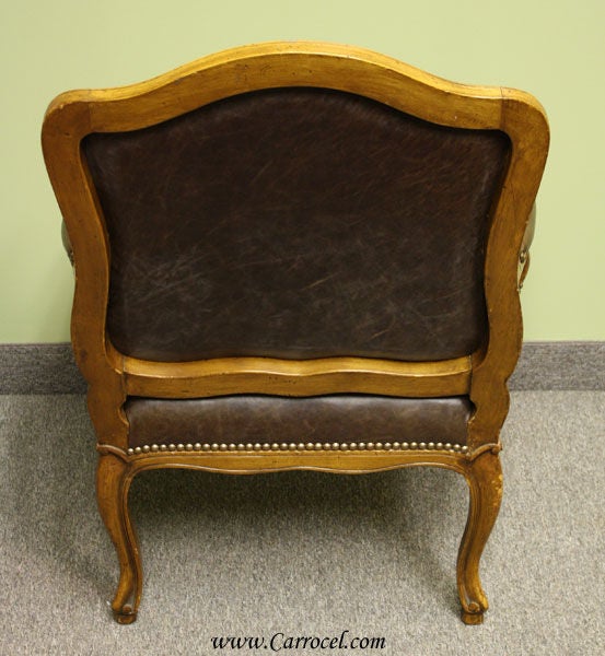 American Antique 1940s French Country Walnut Leather Arm Chair
