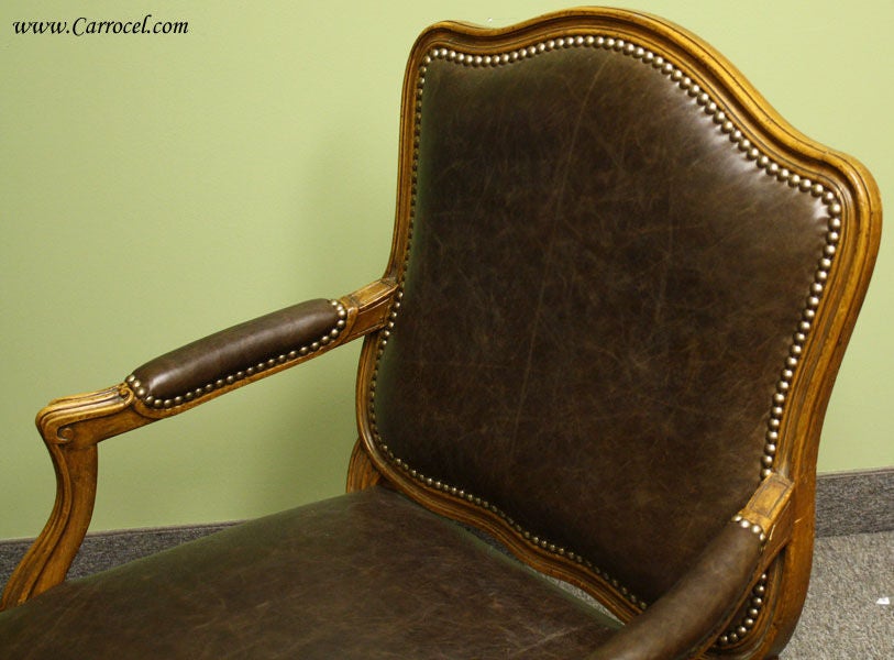 Antique 1940s French Country Walnut Leather Arm Chair 2