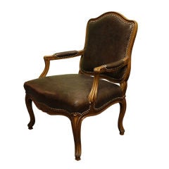 Antique 1940s French Country Walnut Leather Arm Chair