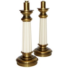 Substantial Pair of Stiffel Doric Column Ceramic and Brass Table Lamps