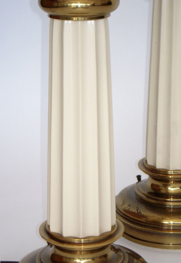 American Substantial Pair of Stiffel Doric Column Ceramic and Brass Table Lamps
