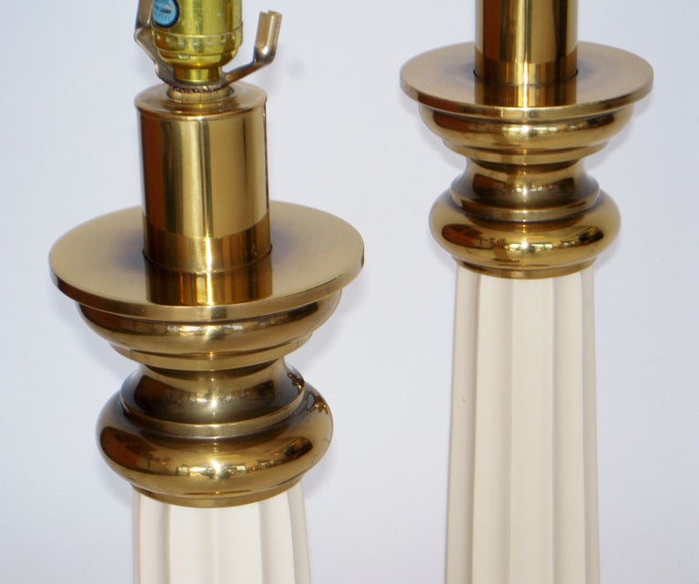 Substantial Pair of Stiffel Doric Column Ceramic and Brass Table Lamps In Good Condition In Ft Lauderdale, FL