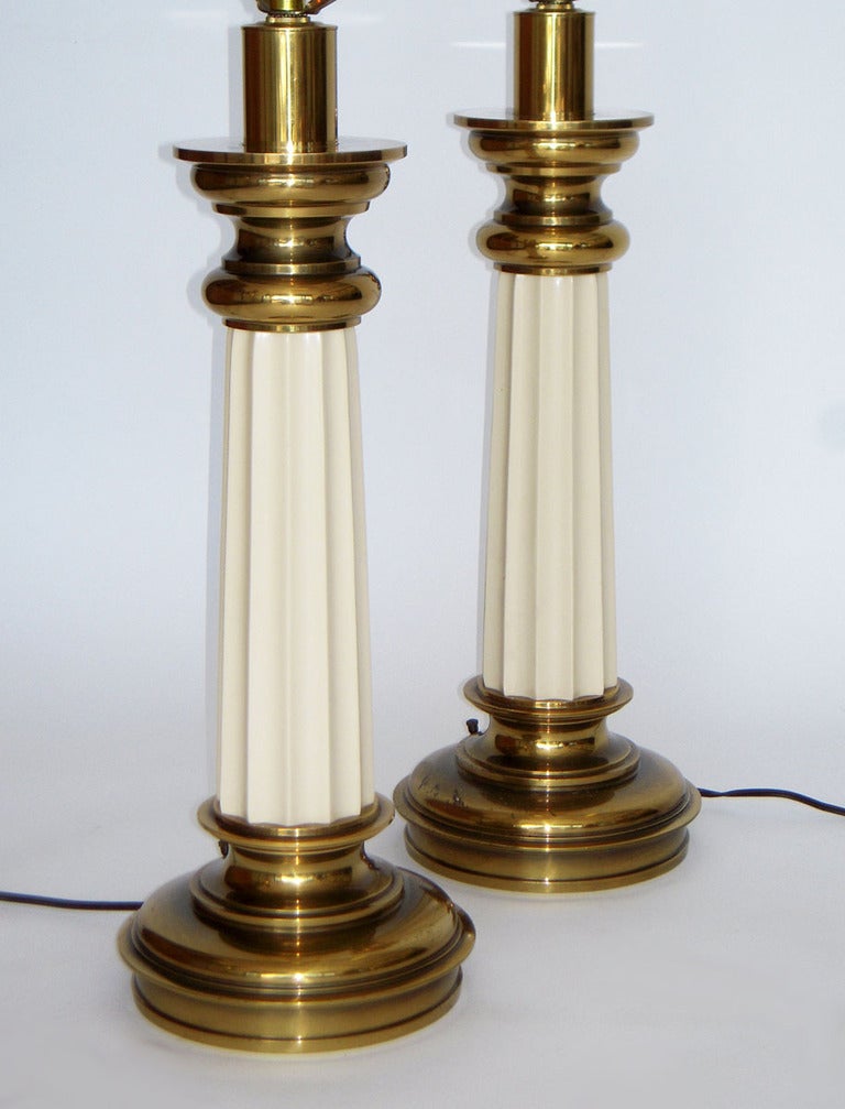 20th Century Substantial Pair of Stiffel Doric Column Ceramic and Brass Table Lamps