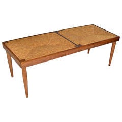 1950's Italian Studio Crafted Walnut and Woven Grass Bench