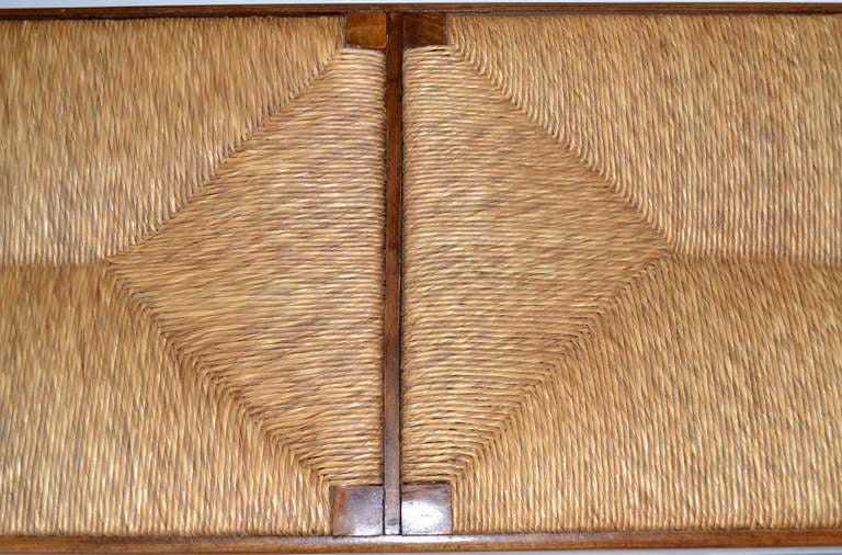 Mid-20th Century 1950's Italian Studio Crafted Walnut and Woven Grass Bench