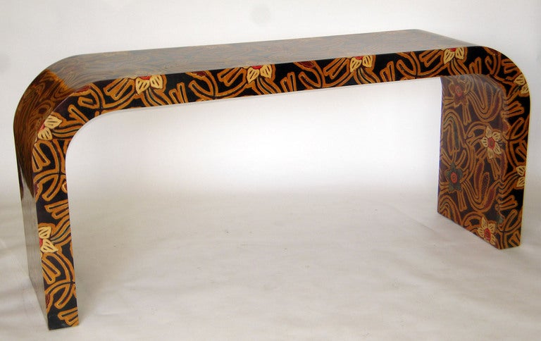 Wood Long Console Table in Lacquered Batik Attributed to Karl Springer