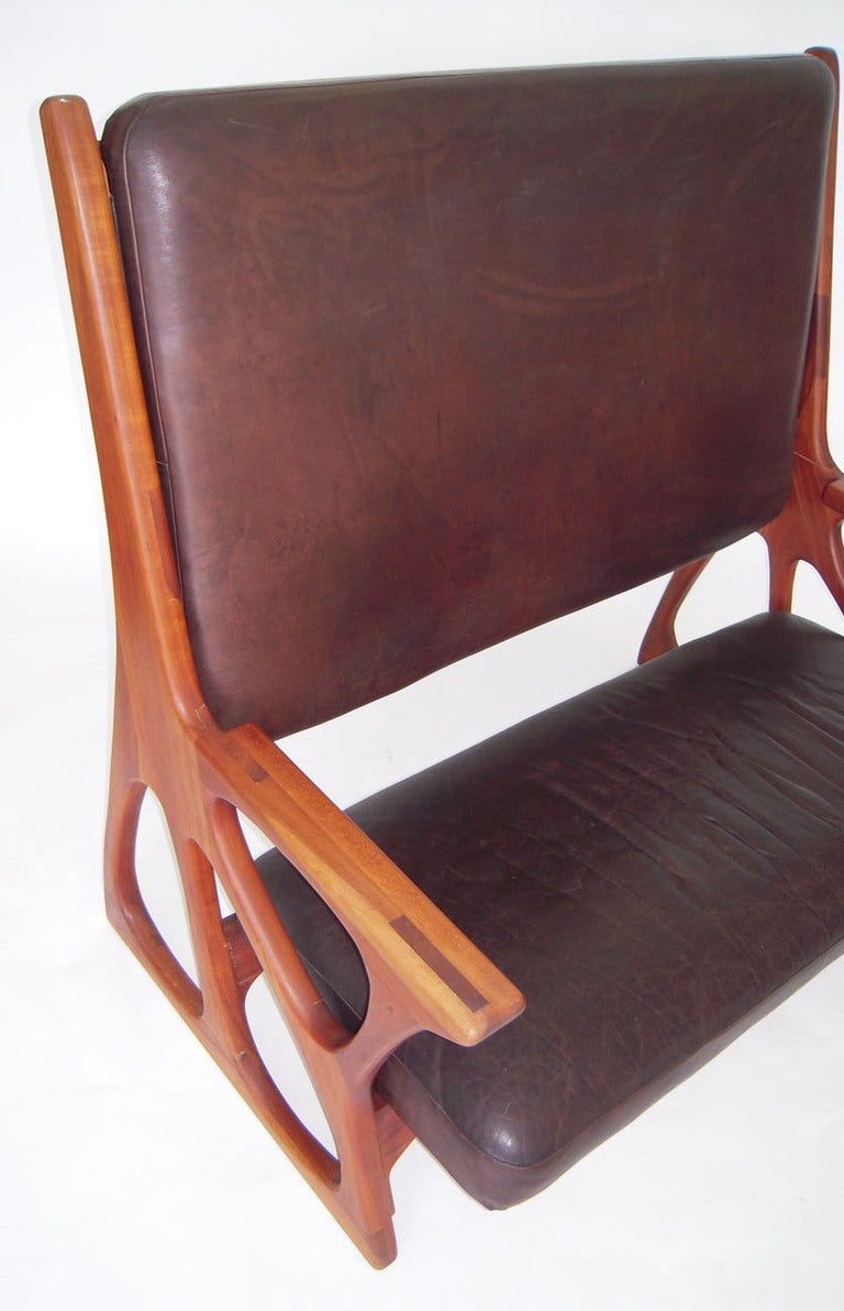 American Studio Wood and Leather Settee or Bench after Powell, 1960s
