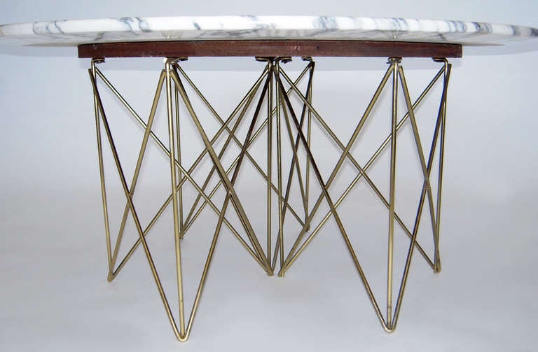 Exceptional 1950's rare-form Rene Brancusi of California coffee table with beveled Italian Carrara marble top on plated brass wire Eiffel-style hairpin base.