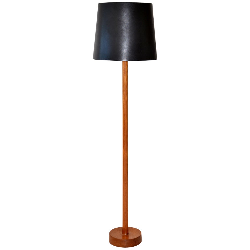 Floor Lamp in Teak Wood with Leather Shade by Uno & Östen Kristiansson For Sale
