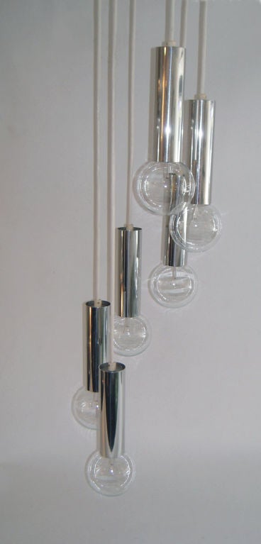 Six Bulb Cascading Mid-Century Chrome Pendant Chandelier In Good Condition For Sale In Ft Lauderdale, FL
