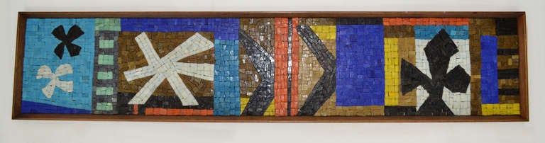 Evelyn Ackerman framed tile mosaic in colorful abstract design. Labeled.