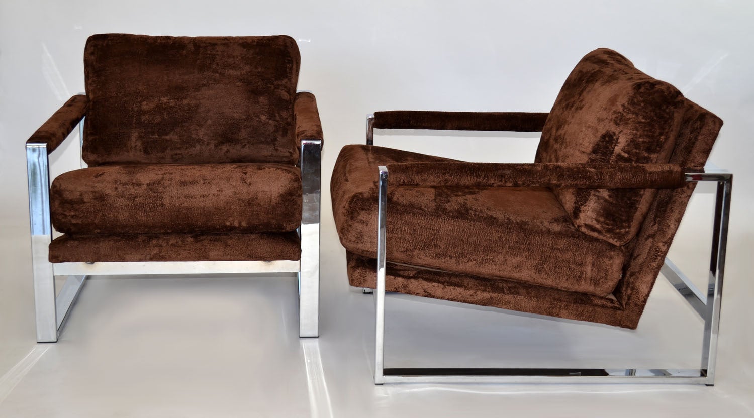 Pair of Wide Floating Lounge Chairs in Chrome & Chocolate Upholstery