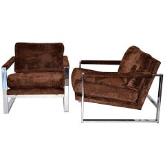Pair of Wide Floating Lounge Chairs in Chrome & Chocolate Upholstery
