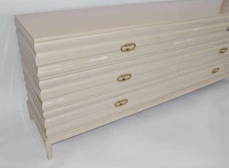 Mid-Century Modern Sculpted-Front Chest of Drawers by Tommi Parzinger, Oatmeal with Brass Pulls