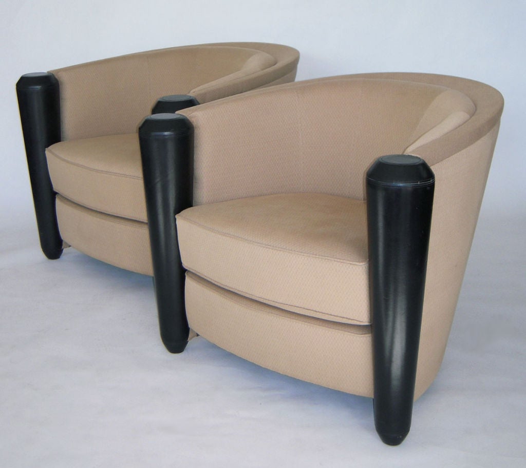 Pair of 'Marnie' lounge/armchairs in deco style by Adam Tihany for i4 Mariani. Reminiscent of Frankl, Desky and K.E.M. Weber designs . Exquisite style,  upholstery and leather details - a perfect representation of this high-end Italian design firm.