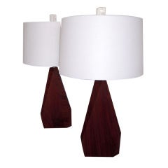 Minimalist Pair of Geometric Carved Wood Lamps