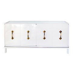 Glamourous 1960's White Lacquer, Brass, and Mirror Buffet