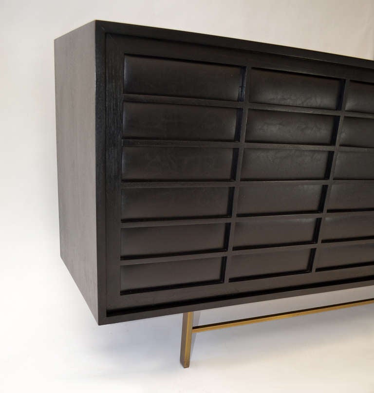 American Mid-Century Buffet with Leather Front Doors on Brass Legs