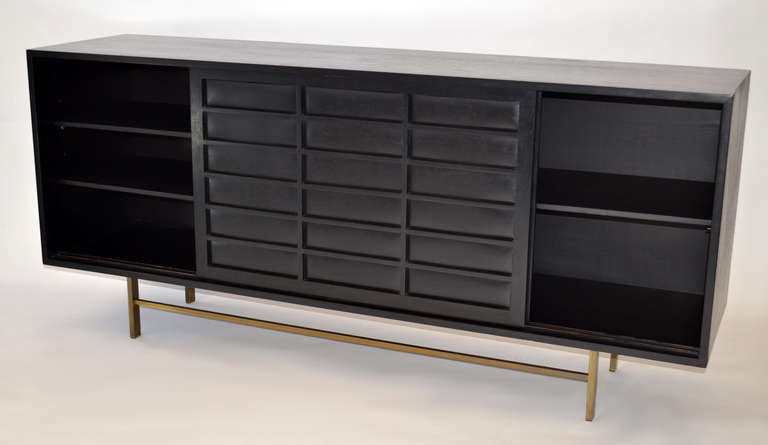 Mid-20th Century Mid-Century Buffet with Leather Front Doors on Brass Legs